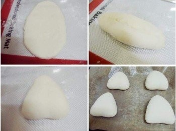 step3: 接著將鬆弛好的麵團桿平成長橢圓狀ˊ 左右往中心捏合ˊ然後對折ˊ周圍再捏合ˊ 整型成三角麵團ˊ擺於鋪了烘焙紙的烤盤上ˊ 麵團表面噴點水ˊ放溫暖處進行最後發酵約35~40分鐘