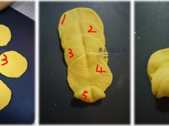 step5: 1.把小的那份麵團揉成下面5的長圓型，其餘四等份均桿成水餃皮樣子 2.如下中圖 依序排壘上去，第5個放最上面後，用筷子從中間壓出一條中間線來 3.接著從5那裡開始對著中間線捲起
