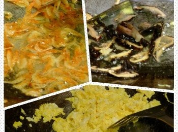 step2: 熱鍋，倒入2大匙油，先煸炒櫻花蝦，炒至稍稍變色極瀝出盛盤備用，再繼續煸炒香菇，稍微炒至有香味集盛出備用，最後蛋打散，下鍋炒成碎粒狀盛盤備用(注意蛋待會還要下鍋炒飯，不要炒太老)