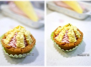 step5: 定型後的塔皮擠入果泥鮮奶油呈尖塔狀，再裝飾即為奶涷塔