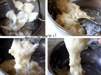 step3: 方法一：(手作)

將煮熟的糯米糰撈起來放在鋼盆中
趁熱用湯勺或其他可使用的工具將它搗碎攪拌
這過程很費力，也就是《手作》的辛勞
搗到手很痠，可是還是看得出麻糬的結構還不是很均勻