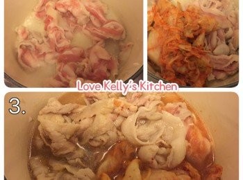 step1: 蒜蓉紅蔥頭落煲爆香加入豚肉片煮，然後放泡菜一起炒一陣，倒入雞湯及韓式辣醬，放入豆腐，蓋上蓋煲6-7分鐘就完成