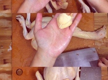 step3: 切去頭頸，再剪起去頸皮留用
雞腔內的肥膏撕去及切去雞尾留用