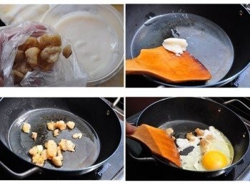 step2: 這是好友小芳芳送的好婆婆牌的豬油及豬油渣，就是那種古早味味道! 舀一小匙入鍋加熱後，放入少許的豬油渣炒香，接著打入雞蛋拌攪煎碎約6分熟起鍋備用