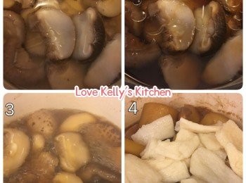 step1: 冬菇事先用熱水浸軟，水滾後加入已切片的冬菇及炆冬菇調味料，先用大火煲滾後轉細火炆20分鐘，然後熄火焗15分鐘；