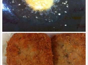 step3: 取出鍋加入適量的食油，油熱。將沾有麵包糠的肉餅下鍋油炸，中火油炸至金黃色即可。