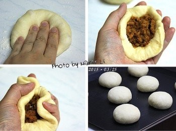 step4: 鬆弛好的麵糰輕壓排氣
擀成圓餅狀，於中間鋪上肉鬆
周圍往中間捏合壓緊即可
滾圓，取出間隔擺放在烤盤上
靜置一個小時左右讓麵糰做最後發酵