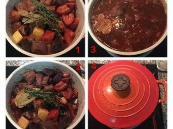 step4: 再放入馬玲薯拌炒，最上面擺上百里香和月桂葉，倒入紅酒淹到牛肉的7分滿，大火煮滾後轉中火略滾一下，收汁到湯汁成濃稠。倒入能淹過所有料的高湯，大火煮滾後，轉小火蓋鍋蓋慢燉1小時(鍋邊要架ㄧ枝木筷子防溢)。
