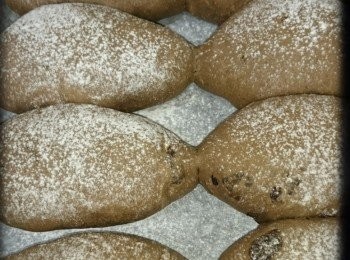 step3: 麵包材料：
1. 高筋粉 250g 2. 黑麥粉30g 3.黑麥芽粉6g 4. 白砂糖 20g 5. 黑糖漿20g 6. 奶粉 12g 7. 水 85ml 8. 湯種全部 9. 酵母 3g 10. 牛油 25g 11. 提子乾