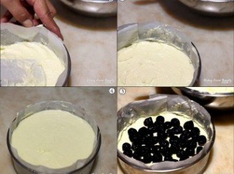 step5: 6.自冰箱取蛋糕模，先今入一半的奶油糊稍加抹平後
再放入喜愛的水果或是果醬，而今天放入的是冷凍的藍莓
之後再倒入剩餘的起士糊，再用刮刀抹平後放入冰箱冷藏至少一晚