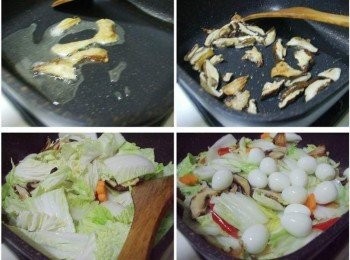 step2: 2.熱鍋後放入油1大匙ˊ用小火慢慢煸香扁魚 3.接著加入香菇絲炒出香氣 4.然後加入白菜和紅蘿蔔一同拌炒均勻 5.白菜炒至軟化後加入辣椒和鳥蛋