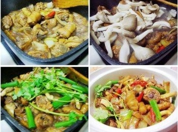 step6: 步驟6A然後將<span class="group_3">調味</span>加入ˊ<span class="group_2">雞肉醃料</span>剩下的醬汁也一起倒入ˊ 煮滾後改以中小火讓它慢慢悶煮入味ˊ B當醬汁收到所需程度時再加入秀珍菇拌炒均勻ˊ C最後完成前再加入蔥綠及香菜快速拌勻ˊ 並於鍋邊嗆入1茶匙紹興酒即可。 D濃郁香醇的酒香辣味雞就完成囉~