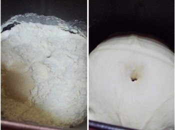 step1: 先準備好所需麵團<span class="group_1">材料</span>ˊ(我用麵包機揉麵團功能) 除了無鹽奶油以外ˊ其餘<span class="group_1">材料</span>都放入攪拌盆裡ˊ 當<span class="group_1">材料</span>成團再加入無鹽奶油直到完成ˊ 然後直接於麵包機內完成第1次發酵ˊ 發酵完成的麵團 (手指沾少許高粉插進麵團ˊ不回彈表示發酵完成) PS:如果沒有攪拌工具或麵包機ˊ 用手揉或運用之前分享的免揉方式都可以。