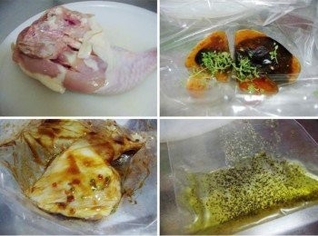 step2: 大雞腿於內層肉厚實地方略劃幾刀ˊ準備一乾淨袋子擺入<span class="group_2">雞腿調味</span> 及百里香約2小株逆著根筋部位撥下葉子拌勻ˊ然後擺入雞腿充分按摩ˊ (如果時間方便可前一天醃漬冷藏讓其更入味) 另外準備一袋子加入蔬菜[調味]