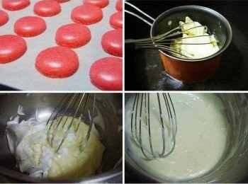 step5: 涼透輕輕撕下馬卡龍ˊ蜜橘乳酪50g用隔水加熱方式溶化冷卻備用ˊ 鮮奶油加上細砂糖1大匙打發後ˊ將兩者拌勻