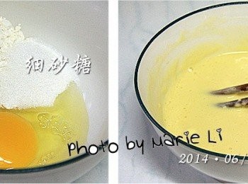 step2: 低筋麵粉、雞蛋、糖和水一起拌勻成一碗麵糊。
