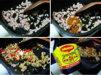 step3: 用原鍋留下的花椒油炒香豬絞肉ˊ 接著加入辣豆辦醬炒油亮ˊ 然後再擺入薑末/蒜末/辣椒/拌炒均勻ˊ 並嗆入米酒1大匙ˊ美極鮮味露1茶匙和糖<span class="group_2">調味</span>