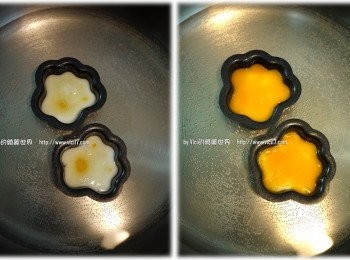 step4: 6 等蛋白表層也略凝固時，再把剩下的蛋黃分二邊全倒入貓瓜模