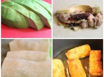 step3: 將酪梨切長條狀. 取一張春捲皮, 鋪上適量的雞肉蔬菜餡與1片酪梨. 四邊捲起, 收口處沾少許水份黏緊