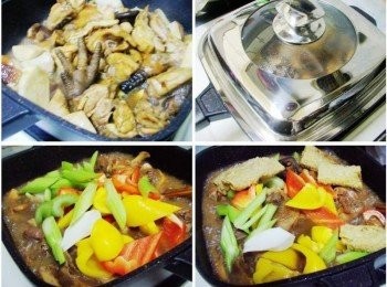 step4: 添加入約300cc的水一起煮滾約3分鐘ˊ 蓋上鍋蓋ˊ瓦斯改為中小火再悶煮約25分鐘ˊ 待雞肉燉煮至喜好口感時再加入紅黃椒ˊ西洋芹ˊ豆菊ˊ滾熟即可。