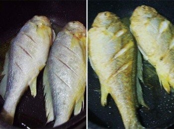 step2: 鍋內放入酌量的油燒熱ˊ將黃魚輕輕擺入ˊ 先大火定型ˊ再中小火煎至金黃熟透ˊ 一面約煎4分鐘