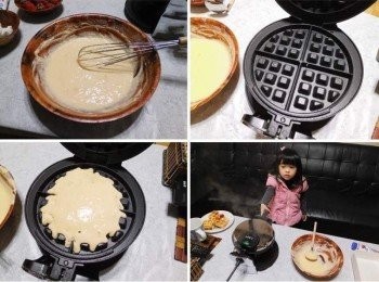 step6: 完成的麵糊略為靜置5~10分鐘ˊ鬆餅機抹上薄薄無鹽奶油以防沾黏ˊ 舀入適量麵糊ˊ依喜好濃淡調整好時間ˊ約5分鐘烤至熟透金黃