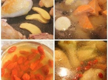 step1: 雞腿入鍋煸油, 待油脂釋放出來後, 下薑片炒香