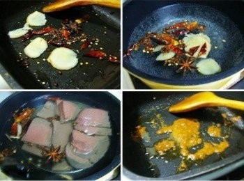 step2: 鍋內加入1:1的油和香油ˊ中小火煸香薑片ˊ花椒粒ˊ乾辣椒和八角ˊ 另一湯鍋煮滾水加入少許鹽ˊ將煸香後的辛香料移入後即熄火ˊ 然後將切片好鴨血擺入浸泡去腥也幫助後續更容易入味ˊ 用原鍋留下的香料油炒香豆辦醬