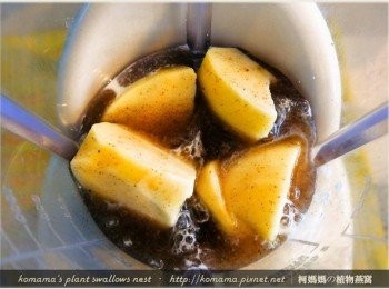 step3: 陸續將黑木耳養生露與鮮乳分別倒入至果汁機中，與分切成塊的蘋果混在一起。