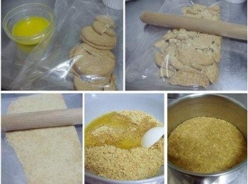step2: 2.(餅乾底部份) A.將無鹽奶油隔水加熱融化(或用微波軟化) B.消化餅乾裝在厚的塑膠袋中,用橄麵棍來回滾壓,壓的越碎越好(或用調理機直接打碎) C.將融化的無鹽奶油加入餅乾碎中仔細混合均勻 D.將混合好的餅乾碎倒入模底部中ˊ利用一個平底的容器將餅乾碎壓緊壓平 (一定要確實壓緊,脫模才不會鬆散掉) E.放入已經預熱至120度c的烤箱中烘烤10分鐘後取出放涼(備用)