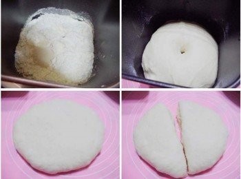 step3: 步驟3A然後將所有<span class="group_2">麵團材料12兩</span>ˊ(奶油除外)放入麵包機...約10分鐘後ˊ 麵團已經有筋性時ˊ再加入奶油ˊ以揉麵團程式完成麵團製作ˊ 然後直接於麵包機內完成第1次發酵ˊ全程共1個半小時。 B發酵完成的麵團(手指沾少許高粉插進麵團ˊ不回彈表示發酵完成) C輕拍壓出多餘空氣 ˊ D接著將麵團分割成等重相同2等份