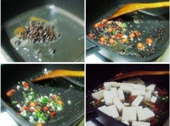 step2: 熱鍋後加入油2大匙ˊ先炒香已經浸泡米酒的蔭豉ˊ 接著依序炒香薑末ˊ辣椒ˊ蔥花ˊ(蔥花預留些後面使用) 然後加入酌量的水和豆腐一起煮滾