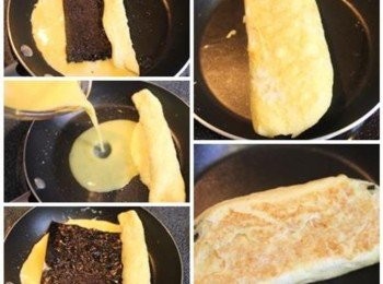 step2: 熱鍋少許油, 中火. 倒入部分蛋液(量足以覆蓋鍋面即可), 煎到底部凝固表面略熟, 放上海苔後捲起 **** 因為海苔沾到蛋液後會縮, 並產生皺折. 所以一定要等到"捲之前"再將海苔放入