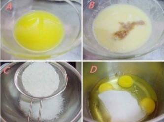 step2: 步驟2A無鹽奶油先用低微波加熱溶化備用 B然後將鮮奶ˊ檸檬汁ˊ香草精依序和溶化奶油拌勻備用 C將配方中低筋麵粉和玉米粉先過篩備用 D雞蛋和砂糖放入攪拌盆立即用攪拌器打發 (糖和蛋接觸後一定要立即打發ˊ如果耽擱太長時間ˊ糖的滲透壓會讓蛋很難打發哦)