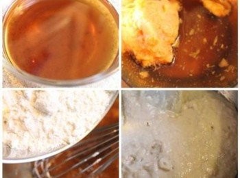 step1: 溫水與黑糖攪拌至糖融化, 加入地瓜泥拌勻. 再篩入低粉與泡打粉攪拌均勻成粉漿備用