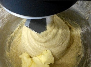 step5: 材料攪拌至成一麵團，就放進牛油，繼續攪拌，成一光滑麵團 。直到有彈性不易破裂的薄膜。接近透明狀。