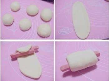 step4: 7.滾圓蓋上保鮮膜鬆弛15~20分鐘 8.將鬆弛好的麵團桿平成長橢圓狀 9.然後將2根威尼斯小熱狗分別放於桿平的麵皮上ˊ順式捲起 10.然後捏合固定