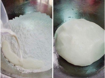 step3: 準備一適合容器ˊ將麻糬粉類材料擺入並加入溫鮮奶ˊ 拌揉成團ˊ如果覺得沾粘再酌量加點油ˊ方便操作