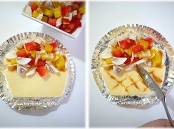 step4: 3 上半部放上蔬菜丁 4 下半部用抹刀沾蕃茄醬畫出杯子樣