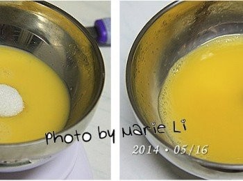 step1: 先將 (A1) 雞蛋 + (A2) 細砂糖
兩樣材料放進碗裡混合攪拌均勻備用