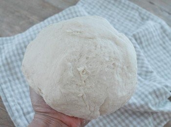 step4: 再加入馬鈴薯蓉拌勻，如麵糰太濕，加點麵粉。在工作枱上灑上麵粉，大力搓麵糰約10分鐘。將麵糰放入塗有油的大碗內，蓋上保鮮紙，靜置約一個小時，麵糰會漲大