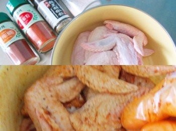 step1: 將兩節翅洗乾淨、瀝乾、廚房紙巾擦拭乾爽，
以<span class="group_2">醃料</span>醃15到30分鐘(或料理前醃一晚更入味)。
◎<span class="group_2">醃料</span>視個人耐辣度酌量！