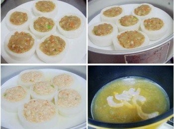 step3: 接著在白蘿蔔盅裡抹上少許玉米粉或太白粉ˊ 然後將餡料填上ˊ放入電鍋ˊ外鍋米杯水1杯ˊ 將鮮蝦白玉盅蒸熟ˊ蒸完成後的湯汁取小鍋留下來ˊ (湯汁太少可酌量加點水)然後加入<span class="group_3">調味</span>煮滾ˊ 並將預留蝦子順便煮熟