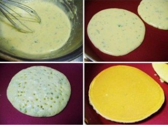 step5: 完成香草麵糊靜置一下ˊ這樣麵糊會更均質。 不沾平底鍋完全不放油ˊ小火加熱ˊ 用大湯匙舀一大匙量ˊ擺入鍋裡ˊ 當麵糊面開始出現越來越多小浮泡ˊ即可翻面。 然後再略煎一下即完成自製檸檬馬鞭草鬆餅。