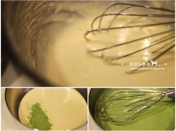 step4: 以攪拌器輕輕拌至無粉粒狀，取出一半麵糊和適量抹茶粉拌勻。