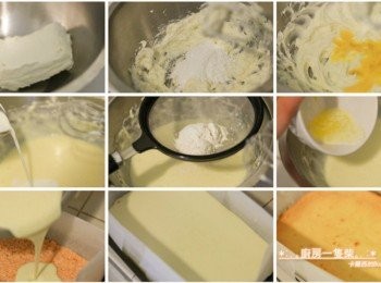 step3: <span class="group_2">起司蛋糕糊</span>:將室溫軟化的奶油乳酪Cream Cheese以攪拌器低速打成乳霜狀，分兩次倒入細砂糖60g、打散的蛋液，攪打混合。
