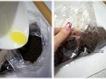 step2: oreo放入塑膠袋中，壓碎。奶油融化後倒入，捏勻。接著放入模中，壓平、壓緊後放入冷藏變硬即可