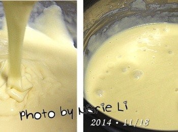 step3: 今天早上起個大早
將昨晚調好的麵糊從冰箱裡取出來
稍微攪動後會發現麵糊開始冒泡
這些可愛的泡泡代表麵糊已完成發酵
經由攪拌而漸漸甦醒過來了
( 瑪莉，這是妳自己在瞎掰的吧！ =..= )