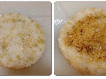 step1: 飯作法

1.先用紙板黏成圓形，再包上鋁鉑紙，做成圓型模。
2.煮熟的飯盛一碗，用飯匙壓丶翻攪，使飯有點黏性。
3.工作枱上鋪上保鮮膜，圓型模塗上一層薄薄的油（飯才不會黏住）。
4.一碗飯分2份，手沾水，飯放圓型模上，壓平。
5.圓型的飯上塗一層薄薄的薄鹽醬油，用奶油煎。
6.萵苣稍微川燙備用。