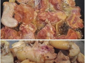 step2: 把油燒熱下雞件，將雞件半煎半炸至兩面稍為金黄，撈起瀝油。